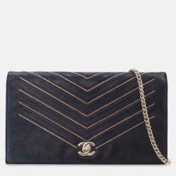 Pre Owned Chanel Black Chevron Nubuck Micro Chain Embellished Flap