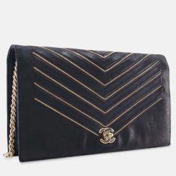 Pre Owned Chanel Black Chevron Nubuck Micro Chain Embellished Flap
