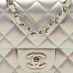 Pre Owned Chanel Silver Quilted Leather Mini Square Classic Single Flap Bag