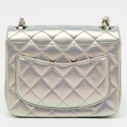 Pre Owned Chanel Silver Quilted Leather Mini Square Classic Single Flap Bag