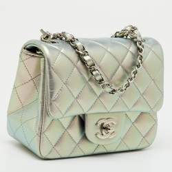 Pre Owned Chanel Silver Quilted Leather Mini Square Classic Single Flap Bag