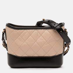 Pre Owned Chanel Beige Black Small Quilted Aged Calfskin Gabrielle Hobo