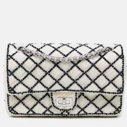 Pre Owned Chanel Black White Reissue 2.55 Quilted Sequined Mesh Double Flap 225