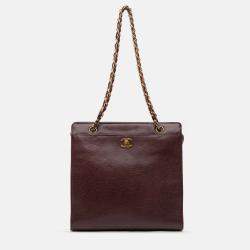 Pre Owned Chanel Red CC Caviar Chain Turn Lock Tote