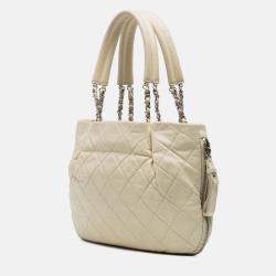 Pre Owned Chanel White CC Quilted Caviar Expandable Tote