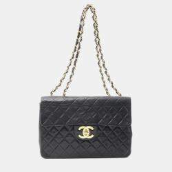 Pre Owned Chanel Deca Matelasse 34 Shoulder Bag Lambskin Sheepskin Black