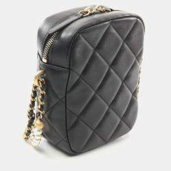 Pre Owned Chanel Matelasse Faux Pearl Shoulder Bag Lambskin Sheepskin Black