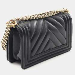 Pre Owned Chanel Boy Chanel Small Chevron V-Stitch Shoulder Bag In Lambskin Leather Black