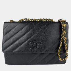 Pre Owned Chanel Shoulder Bag Caviar Leather Metal Black Gold