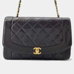 Pre Owned Chanel Chain Shoulder Bag Matelasse 25 Coco Mark Diana Lambskin Black