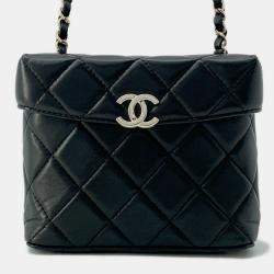 Pre Owned Chanel Chain Shoulder Bag Matelasse Coco Mark Vanity Lambskin Black