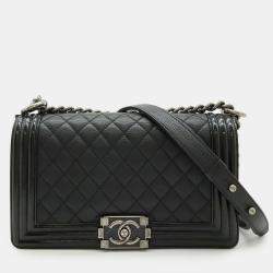 Pre Owned Chanel Boy Chanel 25 Coco Mark Chain Shoulder Bag Leather Enamel Black
