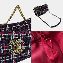 Pre Owned Chanel Shoulder Bag Tweed Navy X Red White Gold