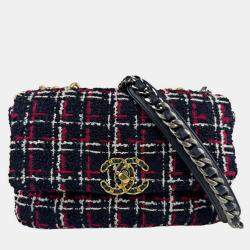 Pre Owned Chanel Shoulder Bag Tweed Navy X Red White Gold