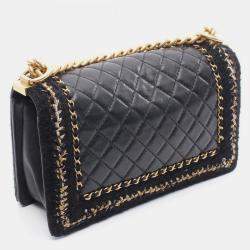 Pre Owned Chanel Boy Chanel Large Matelasse Shoulder Bag In Lambskin Fabric Black/Gold