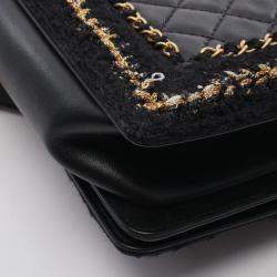 Pre Owned Chanel Boy Chanel Large Matelasse Shoulder Bag In Lambskin Fabric Black/Gold
