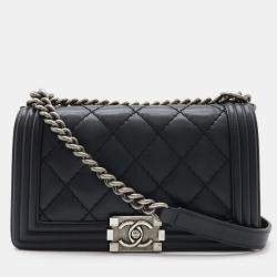 Pre Owned Chanel Boy Chanel 25 Wild Stitch Matelasse Coco Mark Chain Shoulder Bag Leather Black