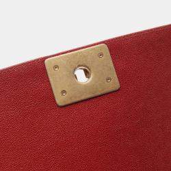Pre Owned Chanel Boy Chanel Shoulder Bag Leather Grained Calfskin Red