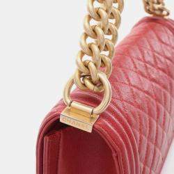 Pre Owned Chanel Boy Chanel Shoulder Bag Leather Grained Calfskin Red