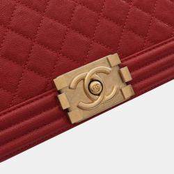 Pre Owned Chanel Boy Chanel Shoulder Bag Leather Grained Calfskin Red