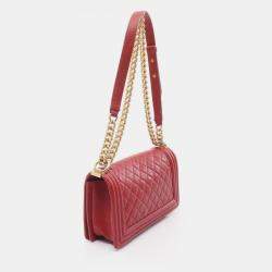Pre Owned Chanel Boy Chanel Shoulder Bag Leather Grained Calfskin Red