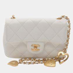 Pre Owned Chanel Mini Matelasse Shoulder Bag Lambskin Leather White