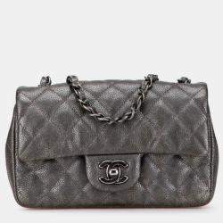 Pre Owned Chanel Mini Matelasse 20 Coco Mark Chain Shoulder Bag In Silver/Gray Caviar Skin