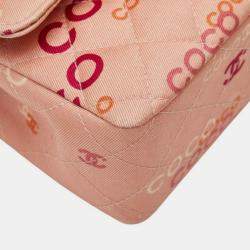 Pre Owned Chanel Coco Mark Coco Print Double Flap Chain Shoulder Bag Salmon Pink Multicolor Canvas