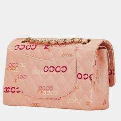 Pre Owned Chanel Coco Mark Coco Print Double Flap Chain Shoulder Bag Salmon Pink Multicolor Canvas