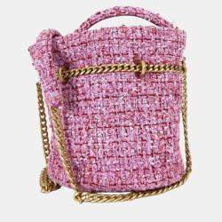 Pre Owned Chanel Cc Coco Mark Chain Bucket-Shaped Pochette Handbag Tweed Pink