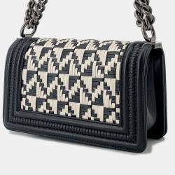 Pre Owned Chanel Boy Small Chain Shoulder Bag With Coco Mark Black And White