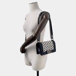 Pre Owned Chanel Boy Small Chain Shoulder Bag With Coco Mark Black And White
