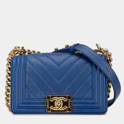 Pre Owned Chanel Boy 20 V Stitch Chain Shoulder Bag Blue Lambskin