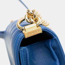 Pre Owned Chanel Boy 20 V Stitch Chain Shoulder Bag Blue Lambskin