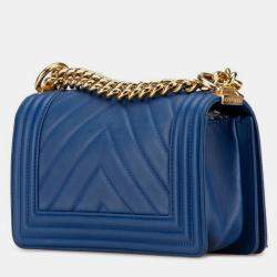 Pre Owned Chanel Boy 20 V Stitch Chain Shoulder Bag Blue Lambskin