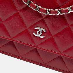 Pre Owned Chanel Red CC Quilted Lambskin Wallet on Chain