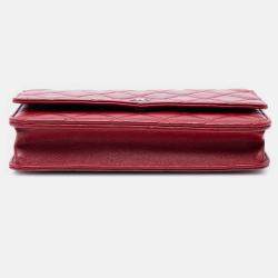 Pre Owned Chanel Red CC Quilted Lambskin Wallet on Chain