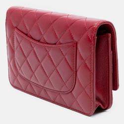 Pre Owned Chanel Red CC Quilted Lambskin Wallet on Chain