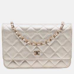 Pre Owned Chanel Gold CC Quilted Metallic Lambskin Wallet on Chain