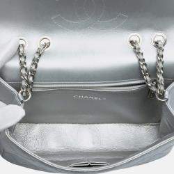 Pre Owned Chanel Silver Small Quilted Metallic Caviar CC Filigree Flap