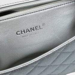 Pre Owned Chanel Silver Small Quilted Metallic Caviar CC Filigree Flap