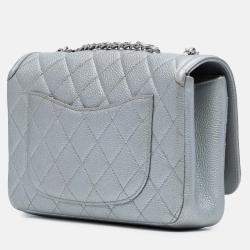 Pre Owned Chanel Silver Small Quilted Metallic Caviar CC Filigree Flap