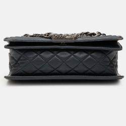 Pre Owned Chanel Navy Blue Old Medium Tweed Enchained Boy Flap