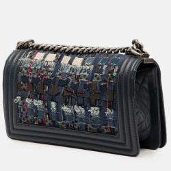 Pre Owned Chanel Navy Blue Old Medium Tweed Enchained Boy Flap