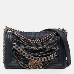 Pre Owned Chanel Navy Blue Old Medium Tweed Enchained Boy Flap