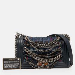 Pre Owned Chanel Navy Blue Old Medium Tweed Enchained Boy Flap