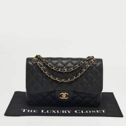 Pre Owned Chanel Black Quilted Caviar Leather Jumbo Classic Double Flap Bag