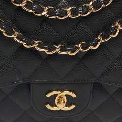 Pre Owned Chanel Black Quilted Caviar Leather Jumbo Classic Double Flap Bag