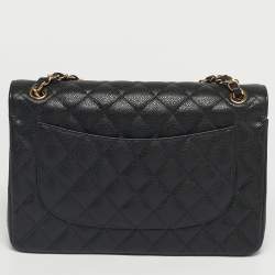 Pre Owned Chanel Black Quilted Caviar Leather Jumbo Classic Double Flap Bag