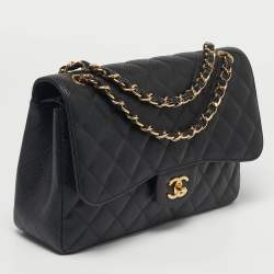 Pre Owned Chanel Black Quilted Caviar Leather Jumbo Classic Double Flap Bag
